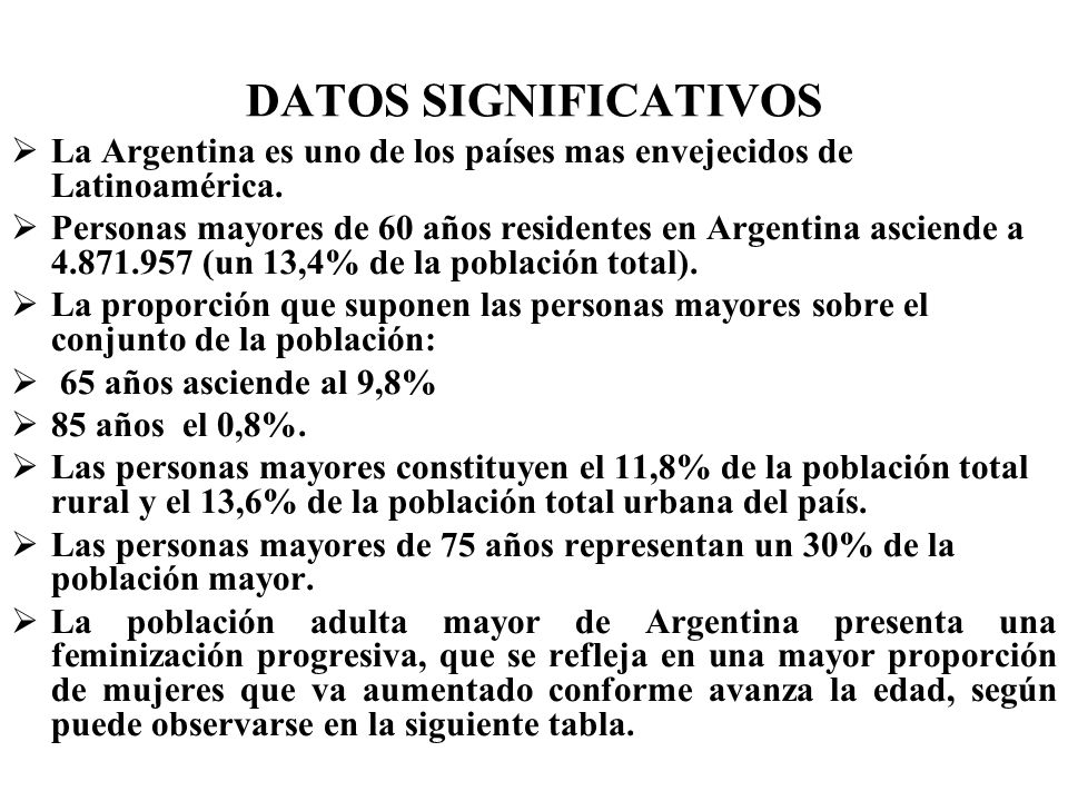 DATOS SIGNIFICATIVOS La Argentina es uno de los países mas envejecidos de Latinoamérica.