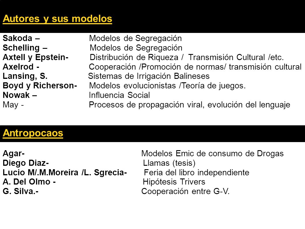 Autores y sus modelos Antropocaos Sakoda – Modelos de Segregación