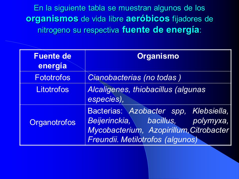 En la siguiente tabla se muestran algunos de los organismos de vida libre aeróbicos fijadores de nitrogeno su respectiva fuente de energía: