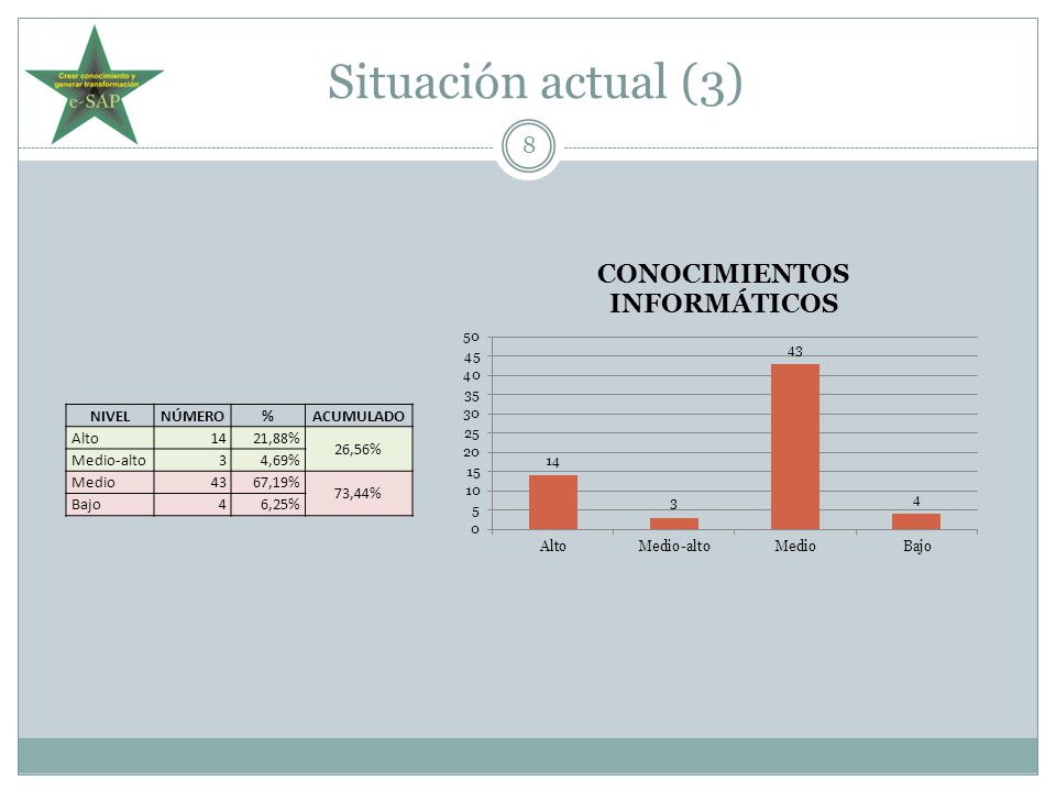Situación actual (3) NIVEL NÚMERO % ACUMULADO Alto 14 21,88% 26,56%
