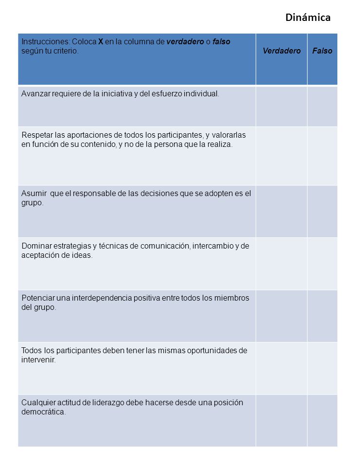 Dinámica Instrucciones: Coloca X en la columna de verdadero o falso según tu criterio. Verdadero. Falso.