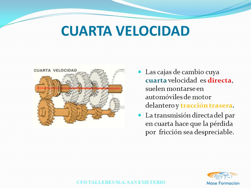 CUARTA VELOCIDAD Las cajas de cambio cuya cuarta velocidad es directa, suelen montarse en automóviles de motor delantero y tracción trasera.