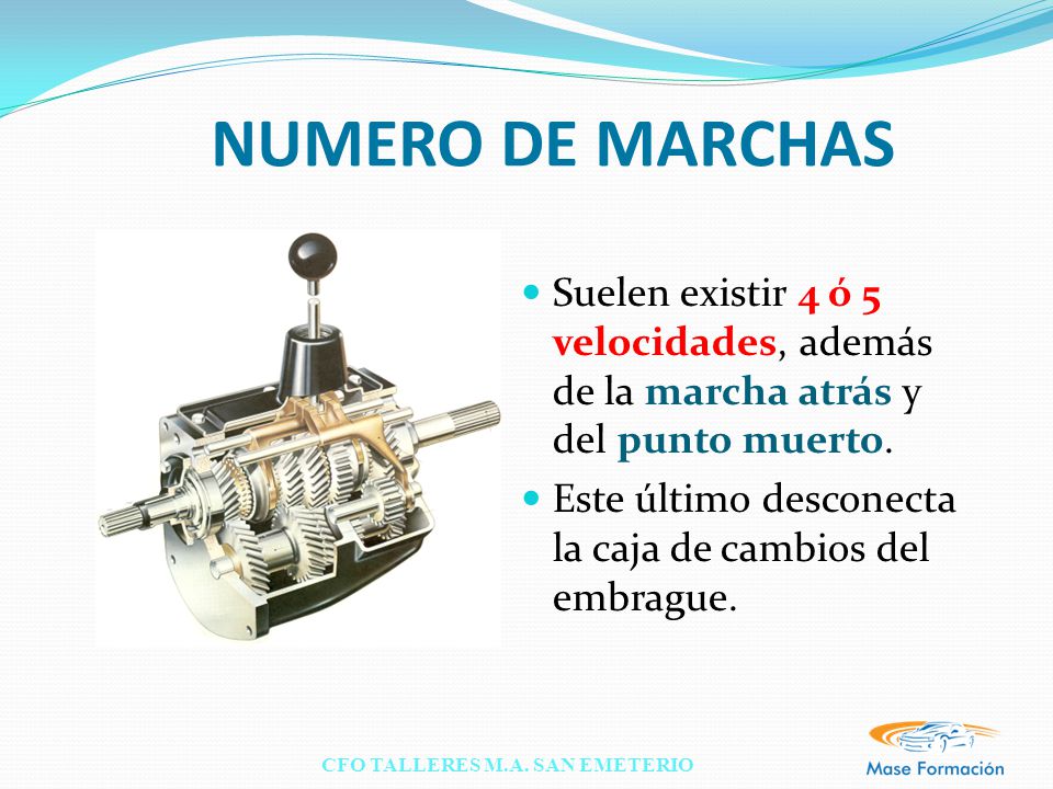 NUMERO DE MARCHAS Suelen existir 4 ó 5 velocidades, además de la marcha atrás y del punto muerto.