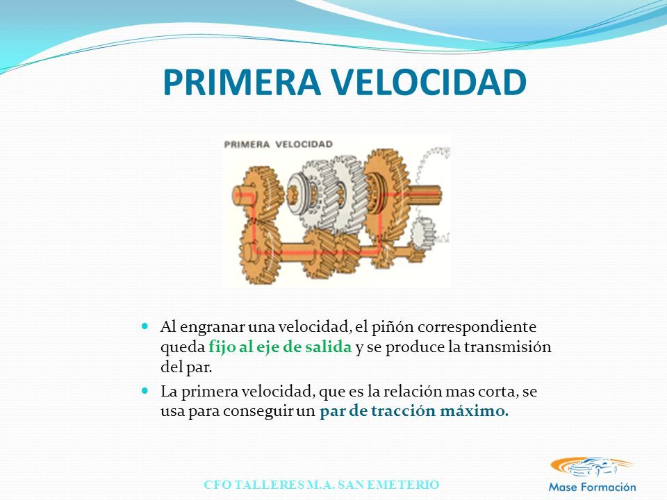 PRIMERA VELOCIDAD Al engranar una velocidad, el piñón correspondiente queda fijo al eje de salida y se produce la transmisión del par.