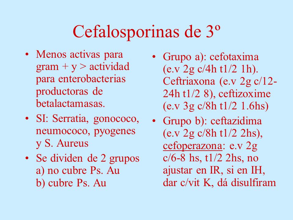 Cefalosporinas de 3º Menos activas para gram + y > actividad para enterobacterias productoras de betalactamasas.