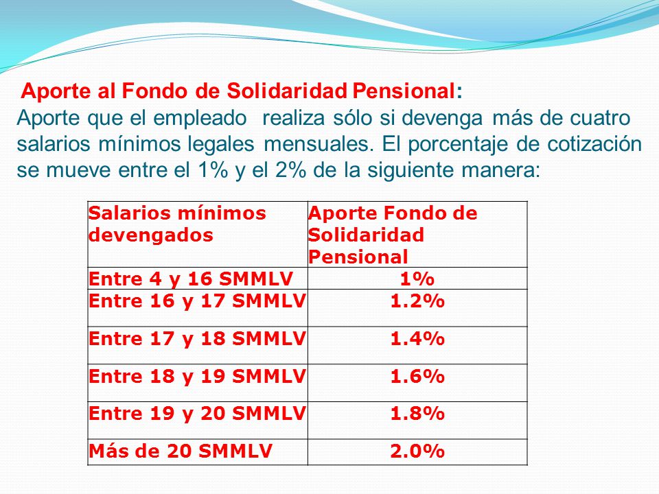 Aporte al Fondo de Solidaridad Pensional: Aporte que el empleado realiza sólo si devenga más de cuatro salarios mínimos legales mensuales. El porcentaje de cotización se mueve entre el 1% y el 2% de la siguiente manera: