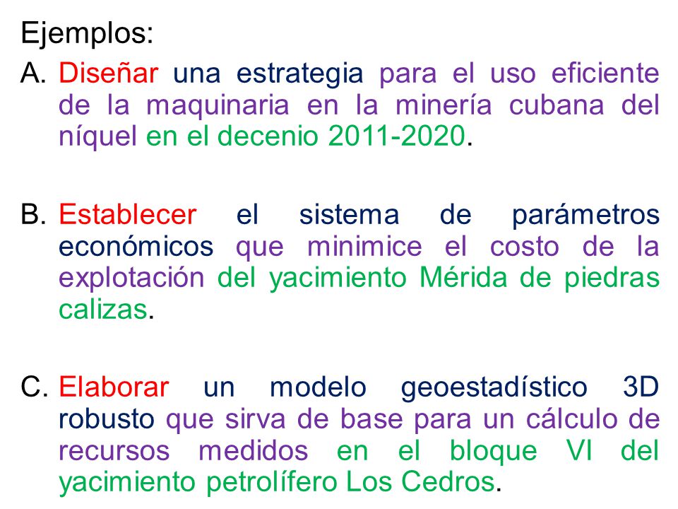 Ejemplos: Diseñar una estrategia para el uso eficiente de la maquinaria en la minería cubana del níquel en el decenio