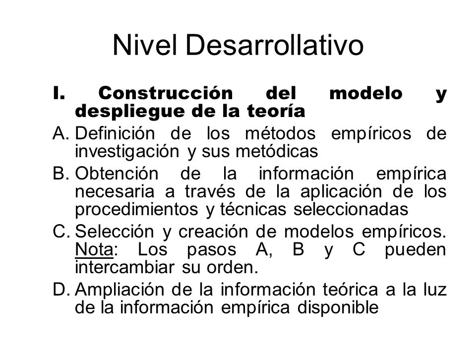Nivel Desarrollativo I. Construcción del modelo y despliegue de la teoría. Definición de los métodos empíricos de investigación y sus metódicas.