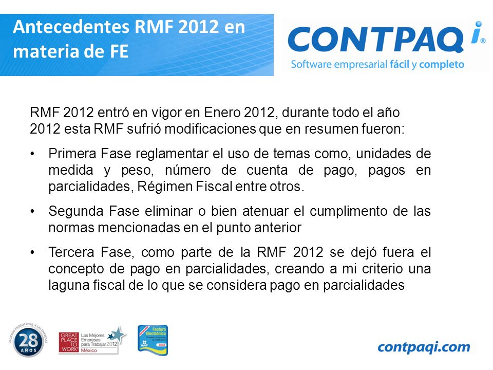Antecedentes RMF 2012 en materia de FE