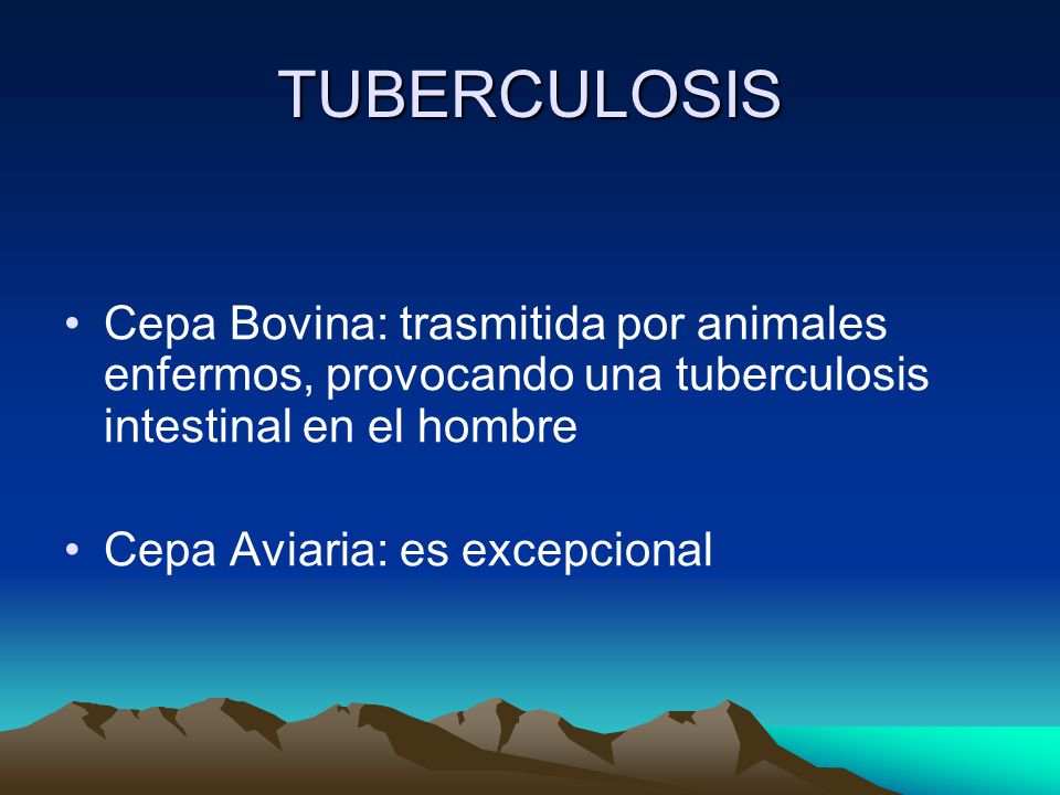 TUBERCULOSIS Cepa Bovina: trasmitida por animales enfermos, provocando una tuberculosis intestinal en el hombre.