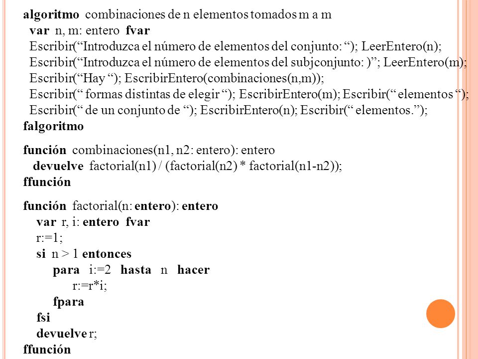 algoritmo combinaciones de n elementos tomados m a m