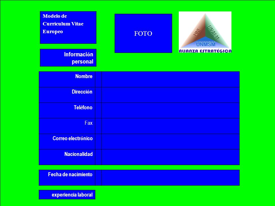 FOTO Información personal Modelo de Curriculum Vitae Europeo Nombre