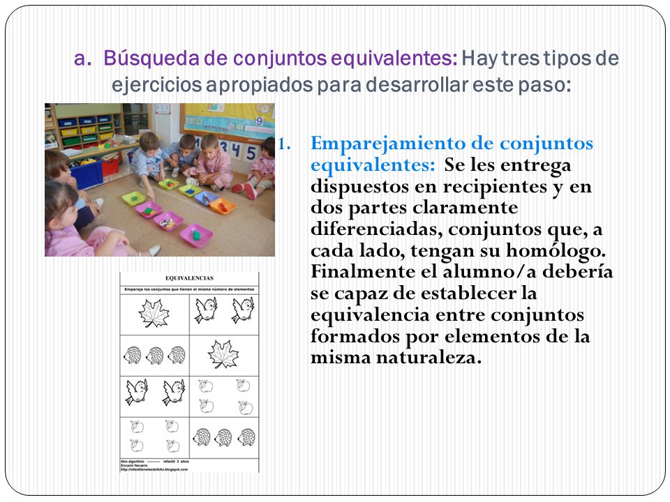 a. Búsqueda de conjuntos equivalentes: Hay tres tipos de ejercicios apropiados para desarrollar este paso: