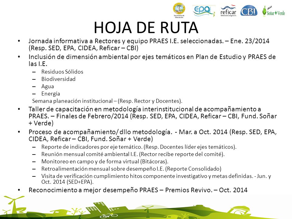 HOJA DE RUTA Jornada informativa a Rectores y equipo PRAES I.E. seleccionadas. – Ene. 23/2014 (Resp. SED, EPA, CIDEA, Reficar – CBI)