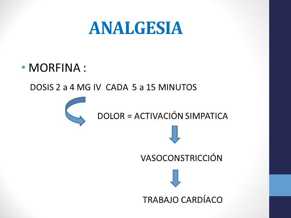 ANALGESIA MORFINA : DOSIS 2 a 4 MG IV CADA 5 a 15 MINUTOS