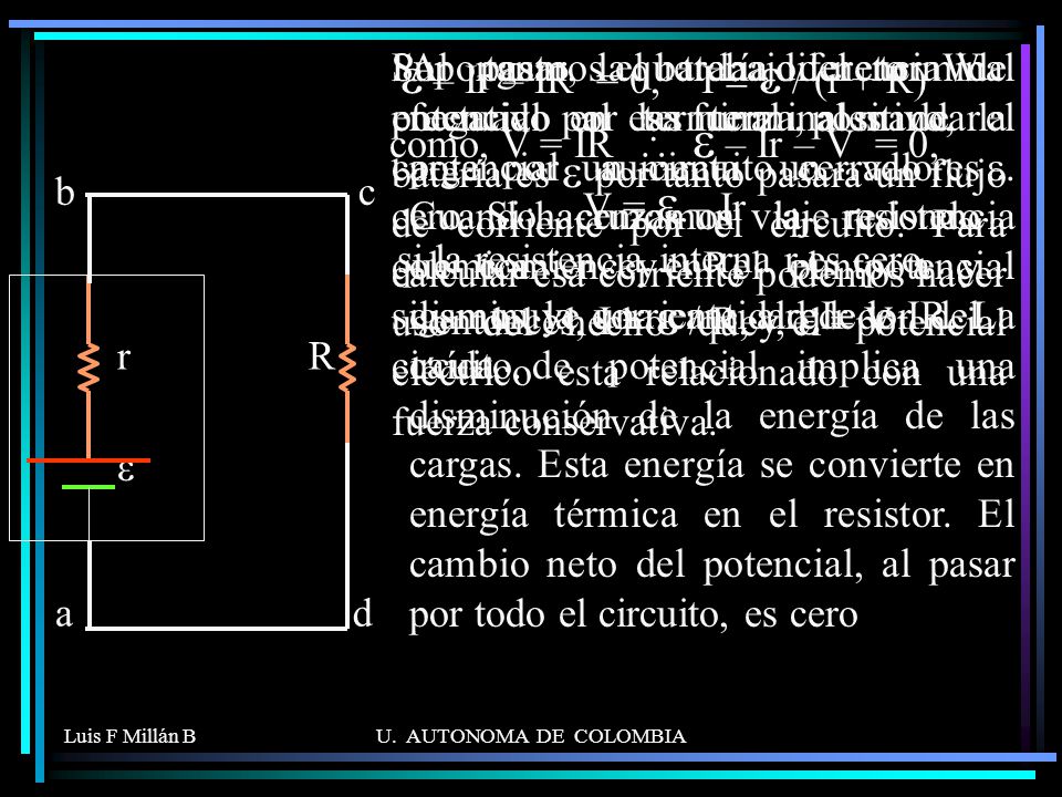 e – Ir – IR = 0, I = e / (r + R) como, V = IR \ e – Ir – V = 0, V = e – Ir si la resistencia interna r es cero, entonces, I = e / R, y, e = V
