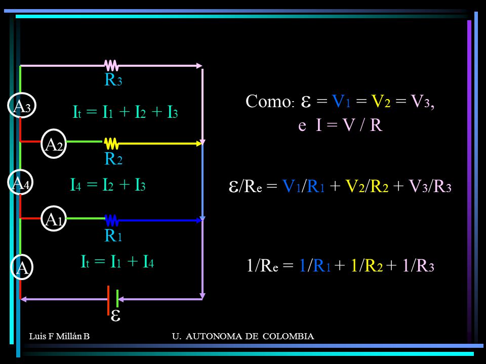 e/Re = V1/R1 + V2/R2 + V3/R3 e R3 Como: e = V1 = V2 = V3, e I = V / R