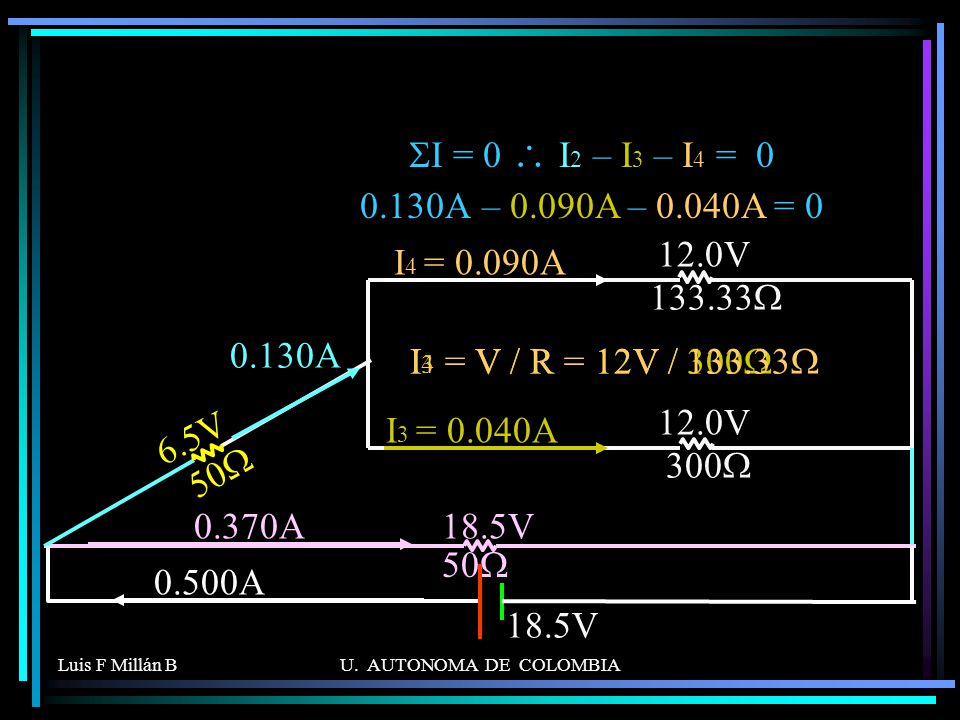 SI = 0 \ I2 – I3 – I4 = A – 0.090A – 0.040A = V. I4 = 0.090A.