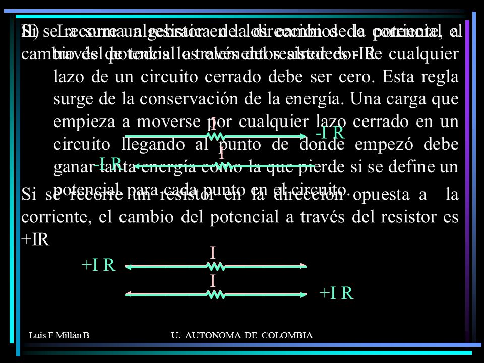 Si se recorre un resistor en la dirección de la corriente, el cambio del potencial a través del resistor es -IR