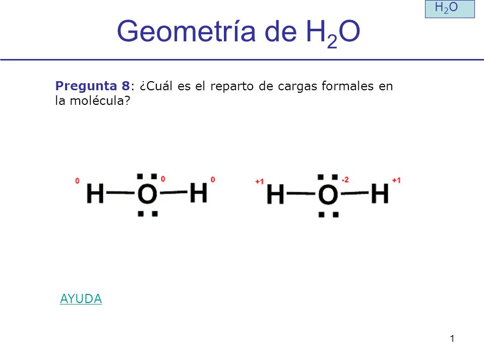 H2O Geometría de H2O Pregunta 8: ¿Cuál es el reparto de cargas formales en la molécula AYUDA