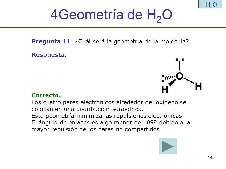 4Geometría de H2O H2O. Pregunta 11: ¿Cuál será la geometría de la molécula Respuesta: Correcto.