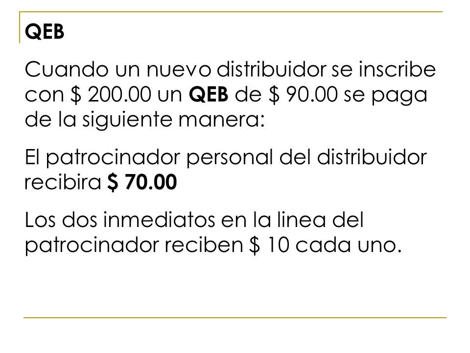 QEB Cuando un nuevo distribuidor se inscribe con $ un QEB de $ se paga de la siguiente manera: