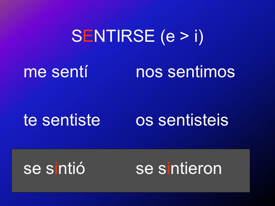 SENTIRSE (e > i) me sentí te sentiste se sintió nos sentimos os sentisteis se sintieron