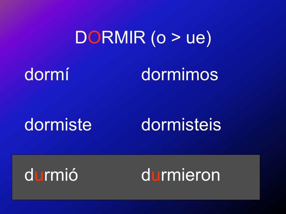 DORMIR (o > ue) dormí dormiste durmió dormimos dormisteis durmieron