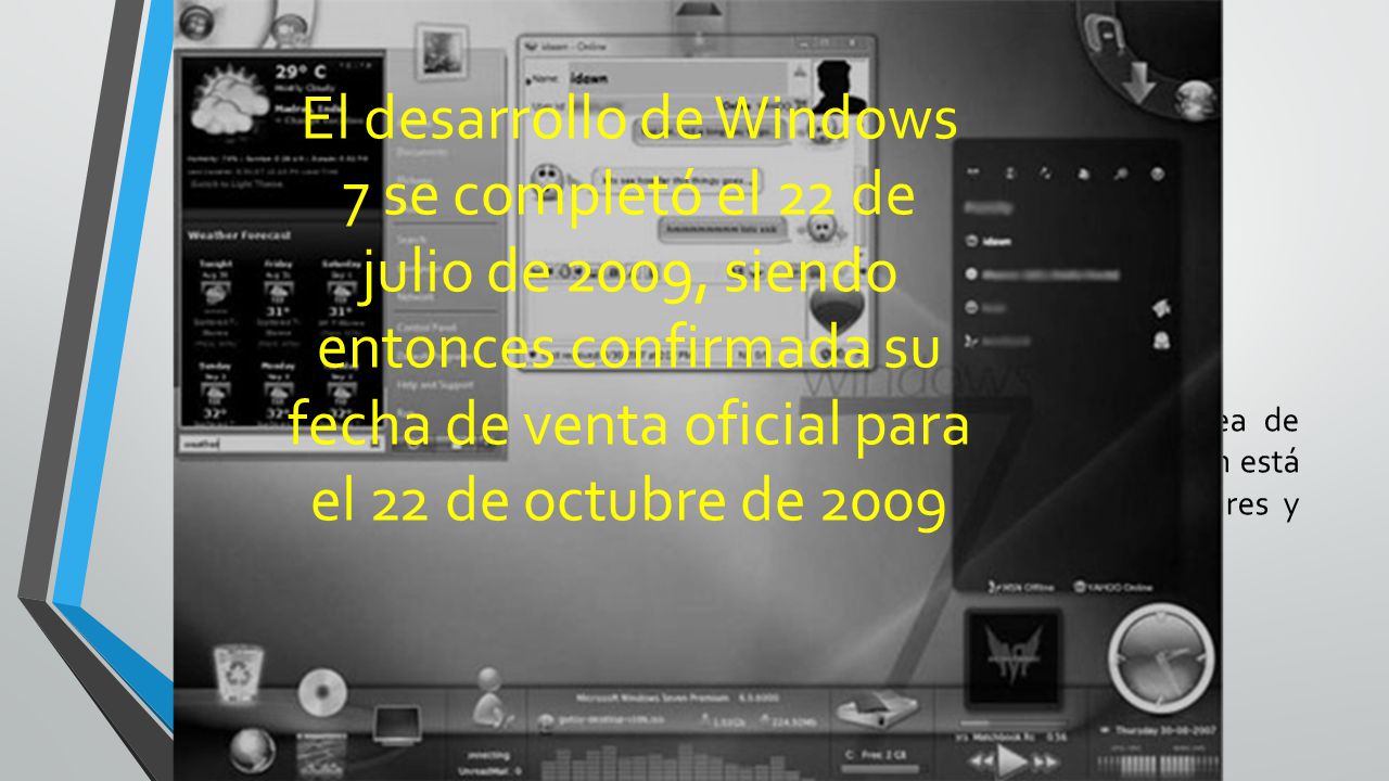El desarrollo de Windows 7 se completó el 22 de julio de 2009, siendo entonces confirmada su fecha de venta oficial para el 22 de octubre de 2009