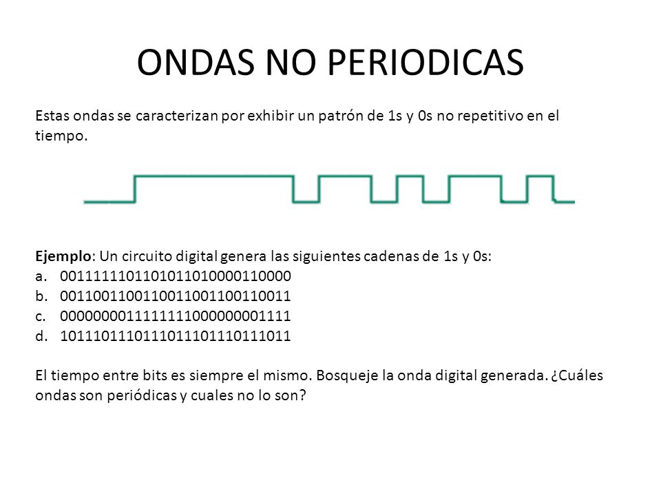 ONDAS NO PERIODICAS Estas ondas se caracterizan por exhibir un patrón de 1s y 0s no repetitivo en el tiempo.