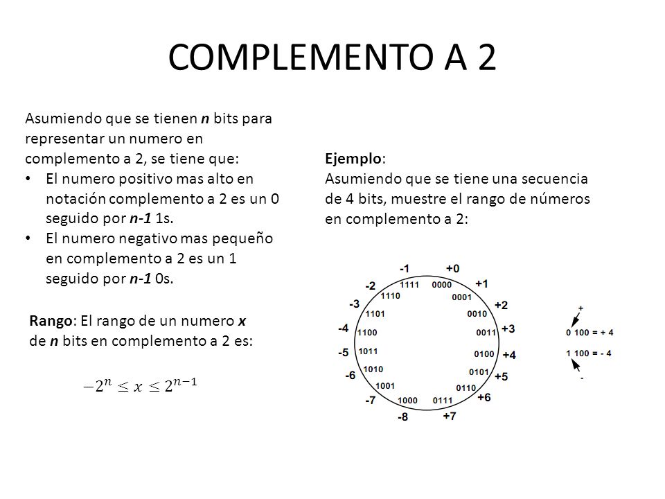 COMPLEMENTO A 2 Asumiendo que se tienen n bits para representar un numero en complemento a 2, se tiene que: