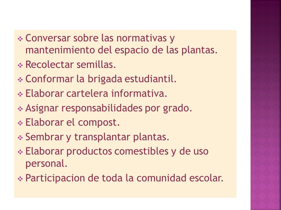 Conversar sobre las normativas y mantenimiento del espacio de las plantas.