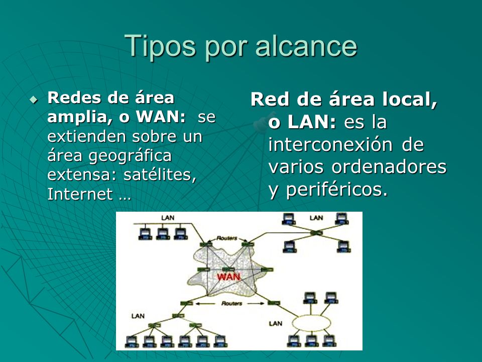 Tipos por alcance Redes de área amplia, o WAN: se extienden sobre un área geográfica extensa: satélites, Internet …