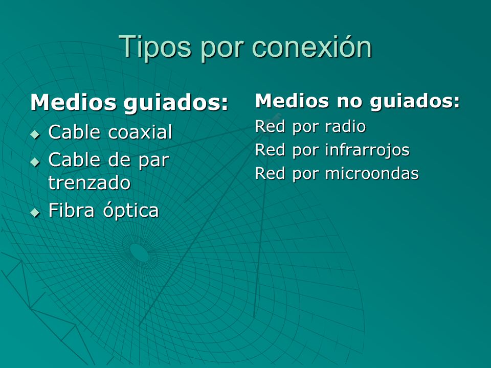 Tipos por conexión Medios guiados: Medios no guiados: Cable coaxial