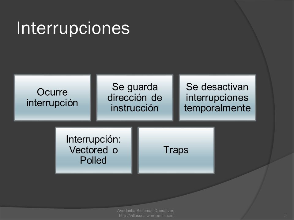 Interrupciones Ocurre interrupción. Se guarda dirección de instrucción. Se desactivan interrupciones temporalmente.