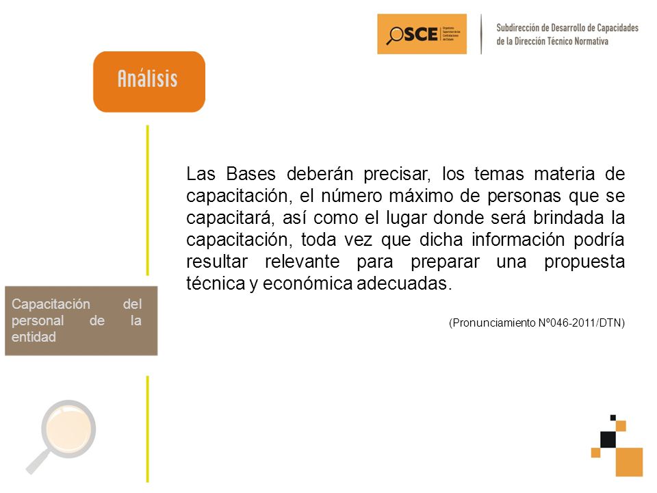 Las Bases deberán precisar, los temas materia de capacitación, el número máximo de personas que se capacitará, así como el lugar donde será brindada la capacitación, toda vez que dicha información podría resultar relevante para preparar una propuesta técnica y económica adecuadas.
