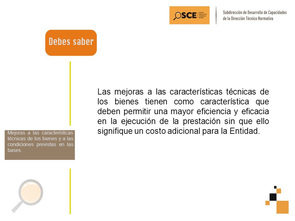 Las mejoras a las características técnicas de los bienes tienen como característica que deben permitir una mayor eficiencia y eficacia en la ejecución de la prestación sin que ello signifique un costo adicional para la Entidad.