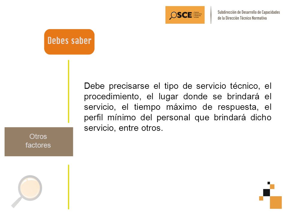 Debe precisarse el tipo de servicio técnico, el procedimiento, el lugar donde se brindará el servicio, el tiempo máximo de respuesta, el perfil mínimo del personal que brindará dicho servicio, entre otros.