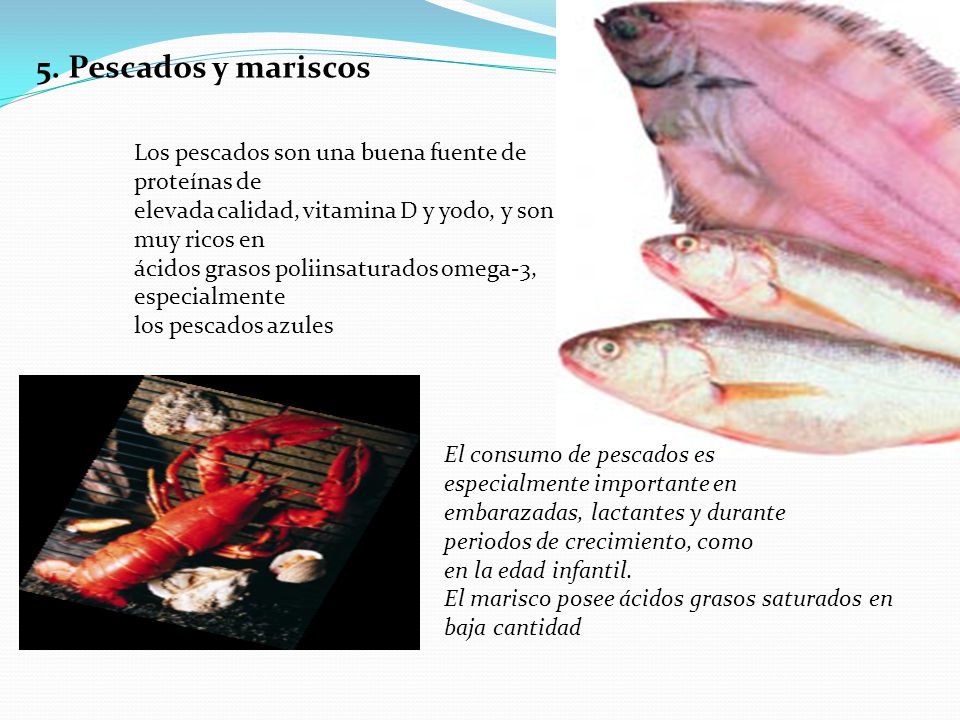 5. Pescados y mariscos Los pescados son una buena fuente de proteínas de. elevada calidad, vitamina D y yodo, y son muy ricos en.