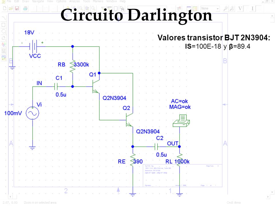Circuito Darlington Valores transistor BJT 2N3904: IS=100E-18 y β=89.4