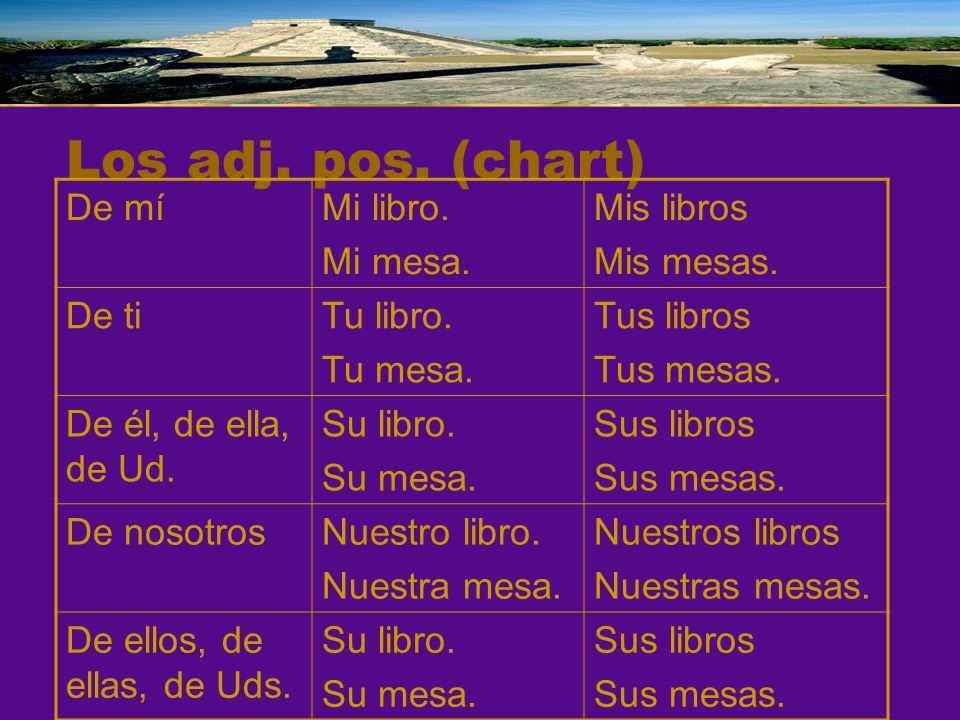 Los adj. pos. (chart) De mí Mi libro. Mi mesa. Mis libros Mis mesas.