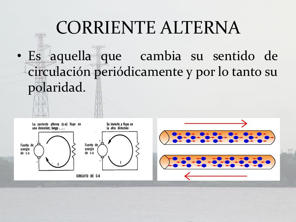 CORRIENTE ALTERNA Es aquella que cambia su sentido de circulación periódicamente y por lo tanto su polaridad.