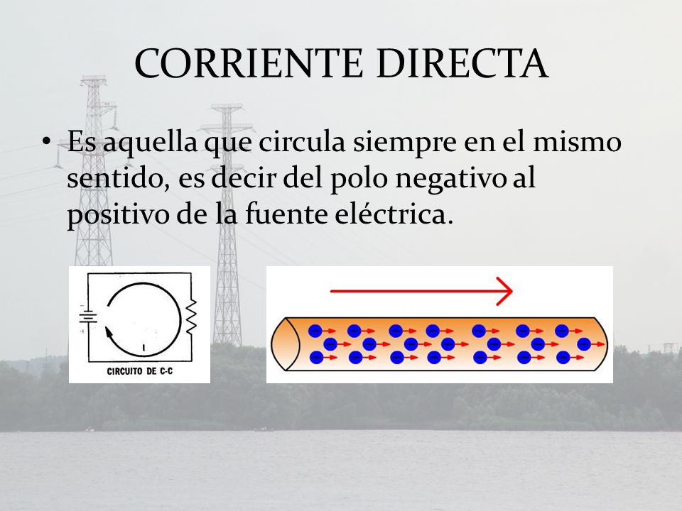 CORRIENTE DIRECTA Es aquella que circula siempre en el mismo sentido, es decir del polo negativo al positivo de la fuente eléctrica.