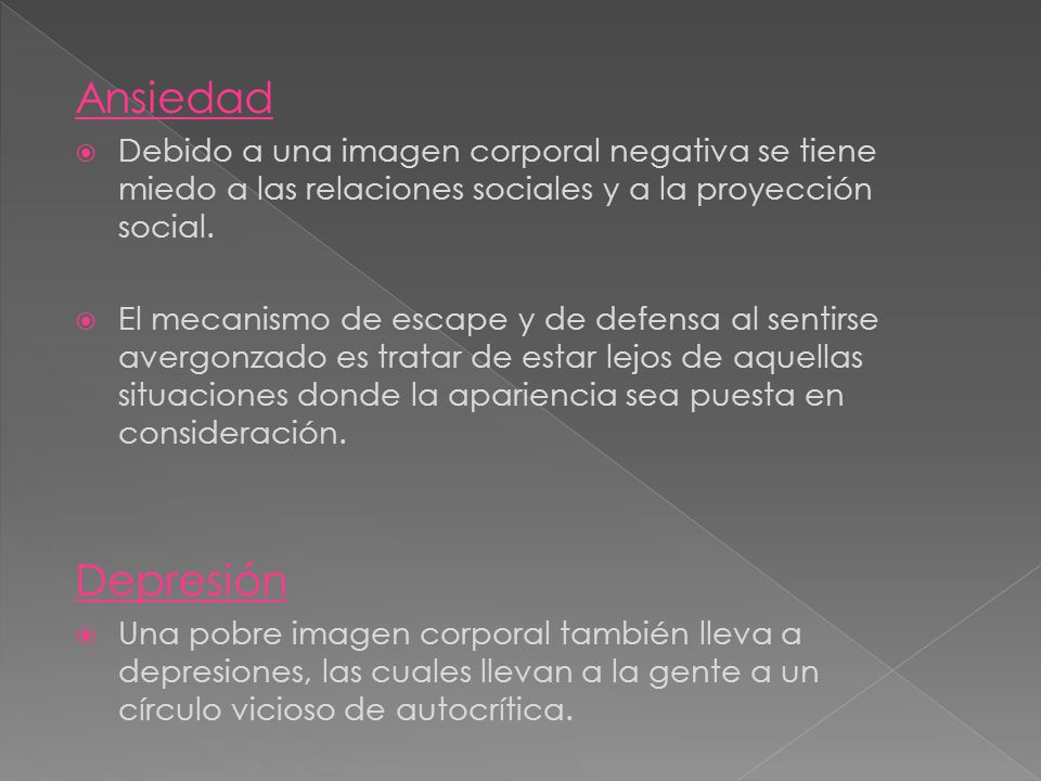 Ansiedad Debido a una imagen corporal negativa se tiene miedo a las relaciones sociales y a la proyección social.