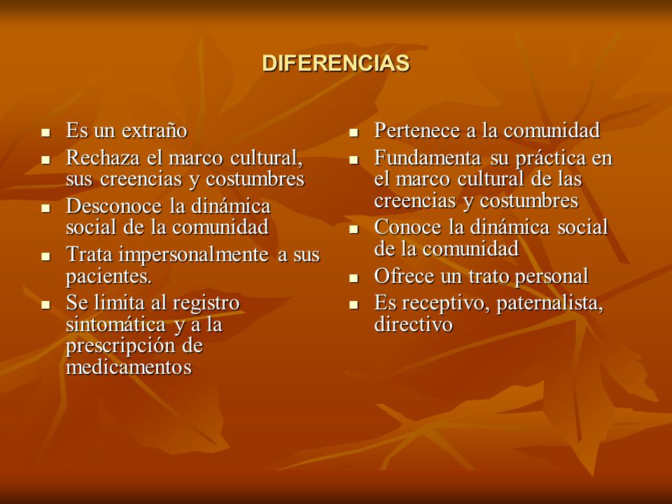 DIFERENCIAS Es un extraño. Rechaza el marco cultural, sus creencias y costumbres. Desconoce la dinámica social de la comunidad.