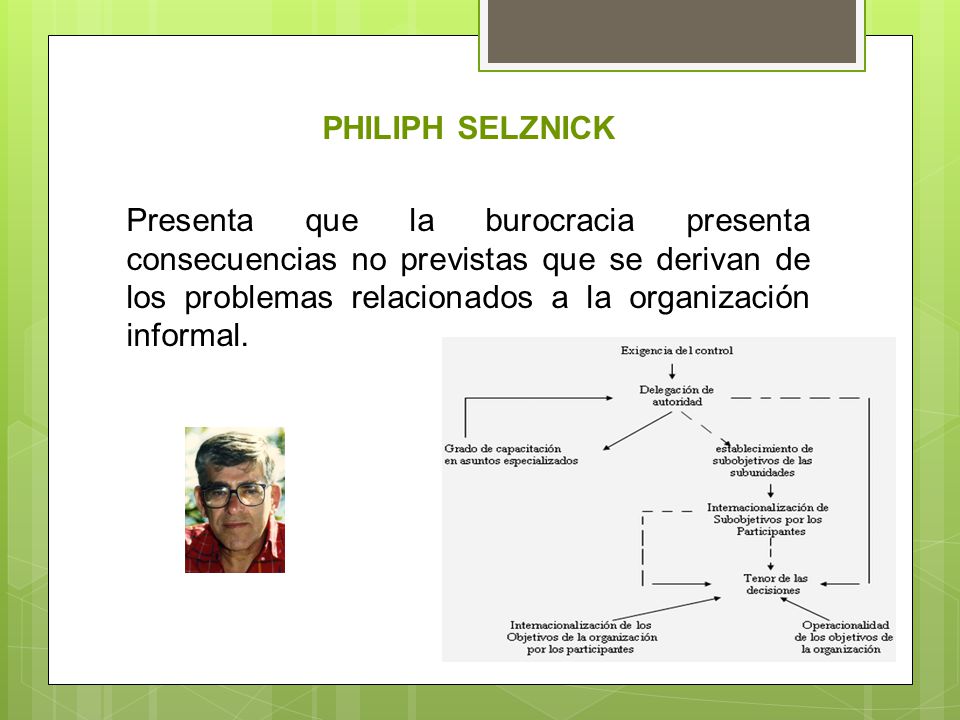 PHILIPH SELZNICK Presenta que la burocracia presenta consecuencias no previstas que se derivan de los problemas relacionados a la organización informal.