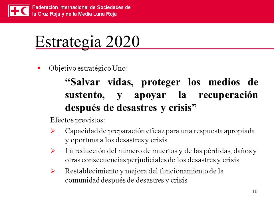 Estrategia 2020 Objetivo estratégico Uno: Salvar vidas, proteger los medios de sustento, y apoyar la recuperación después de desastres y crisis