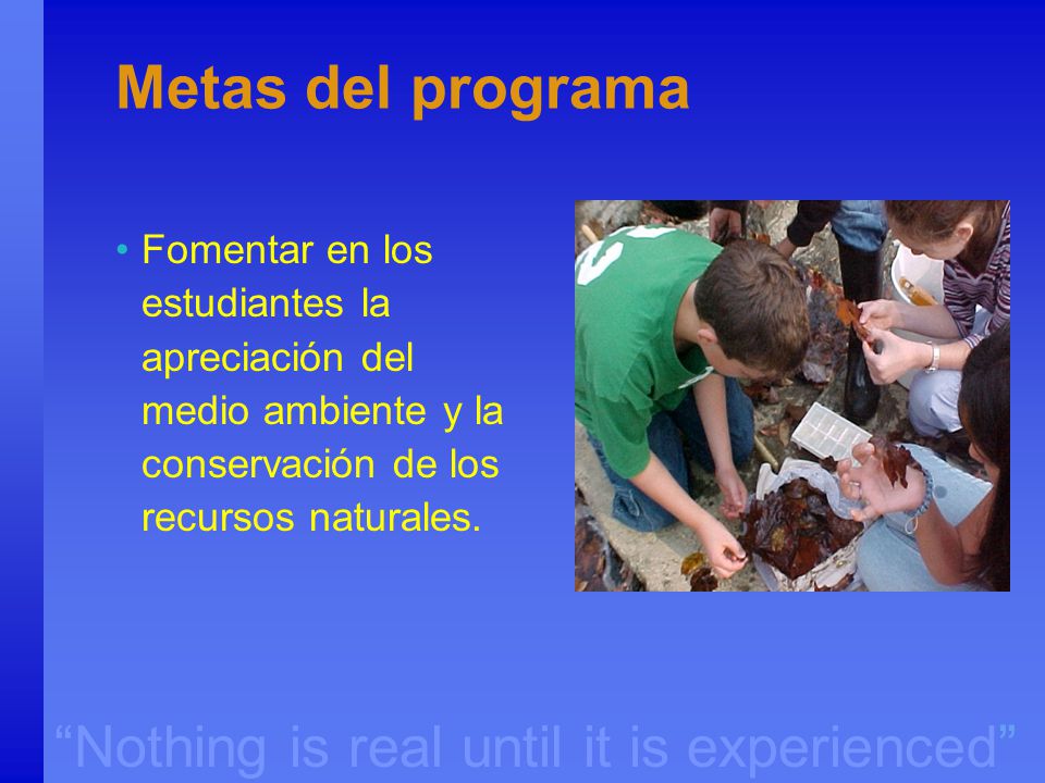 Metas del programa Fomentar en los estudiantes la apreciación del medio ambiente y la conservación de los recursos naturales.