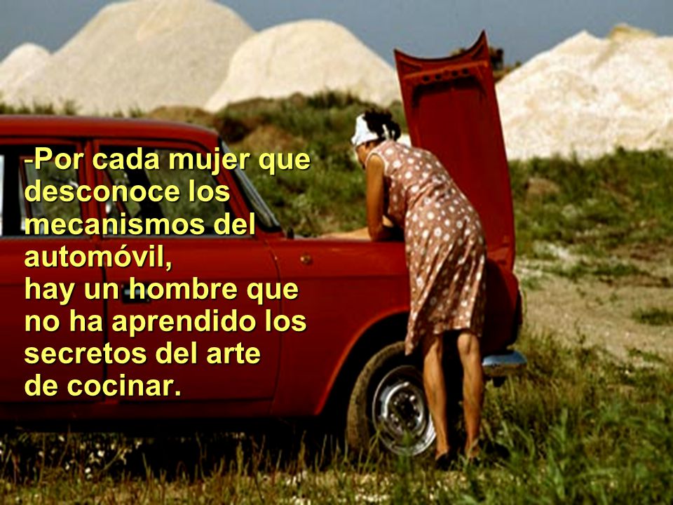 Por cada mujer que desconoce los mecanismos del automóvil, hay un hombre que no ha aprendido los secretos del arte de cocinar.