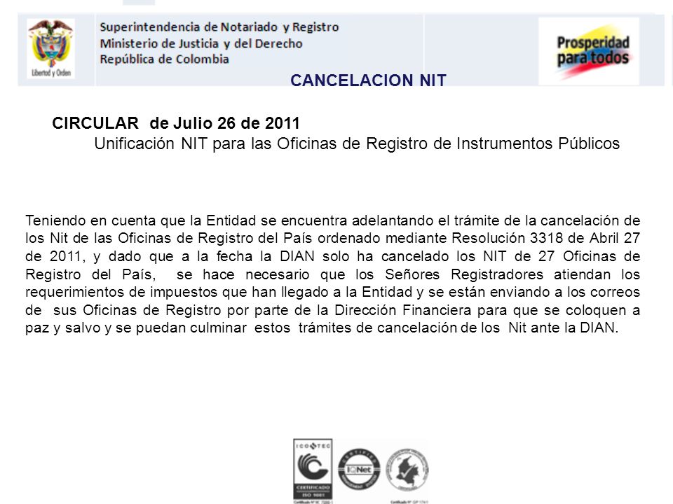 Unificación NIT para las Oficinas de Registro de Instrumentos Públicos